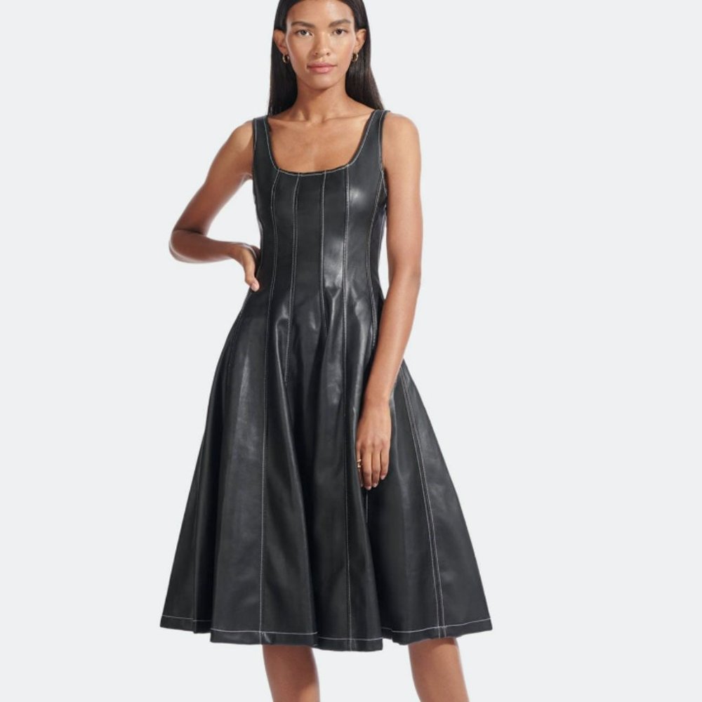 Staud Wells Faux Black Leather Dress Womens Size 0, Like New
